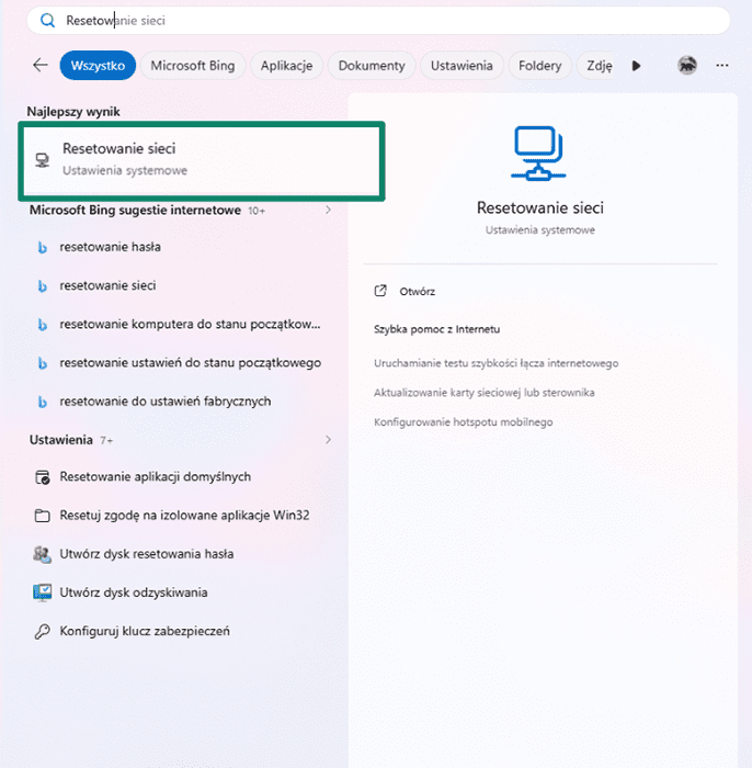 A Windows interface showing a search for network reset, with the result highlighted.