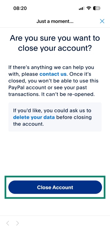 PayPal confirmation screen, with the "Close Account" button highlighted.