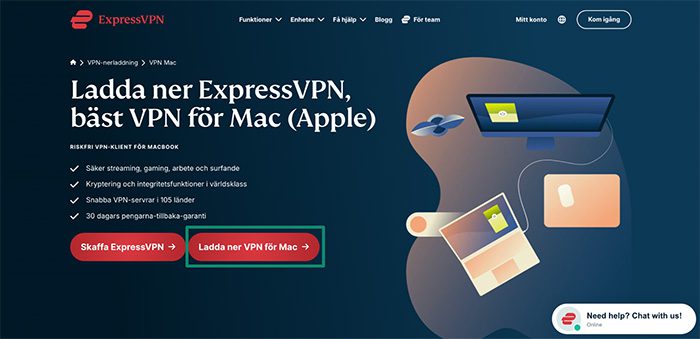 ExpressVPN download page for the Mac app, with a highlighted "Download Mac VPN" button.