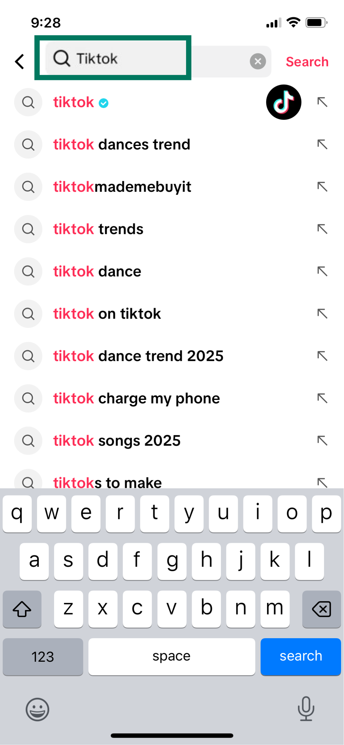 TikTok mobile search screen on iPhone with “Tiktok” typed in the highlighted search bar.