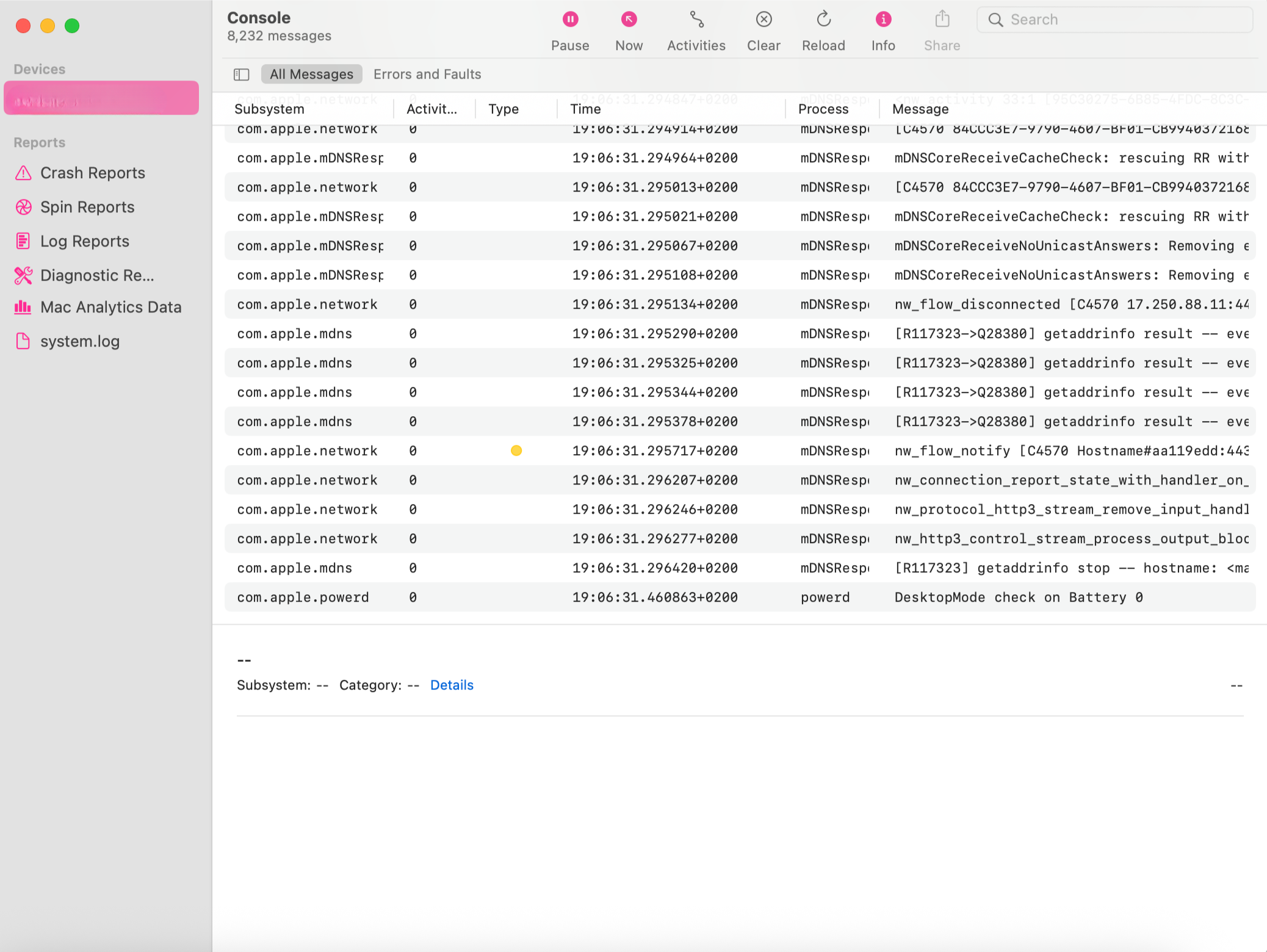 Mac Console app showing network and mDNS logs.