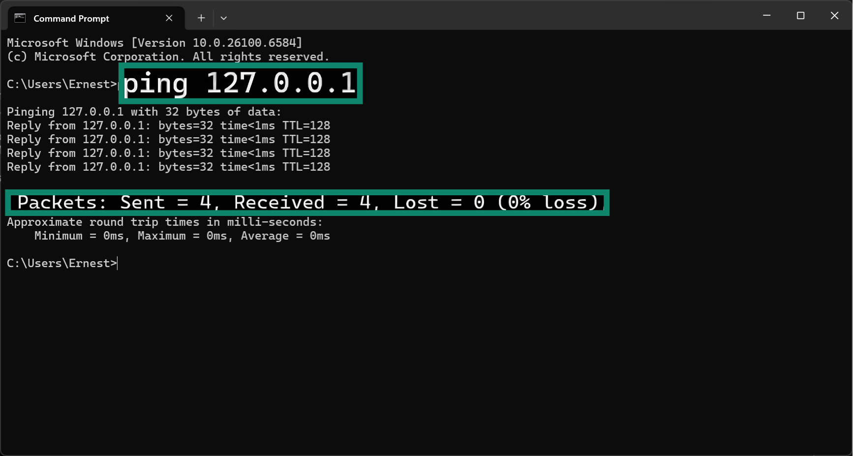 A Windows Command Prompt interface highlighting the command to ping an IPv4 loopback address as well as the response.
