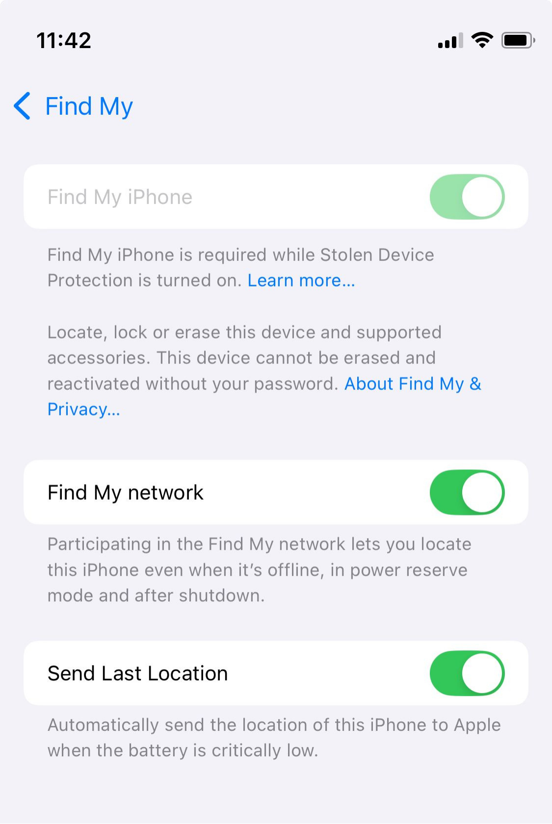 The Find My settings on an iPhone.
