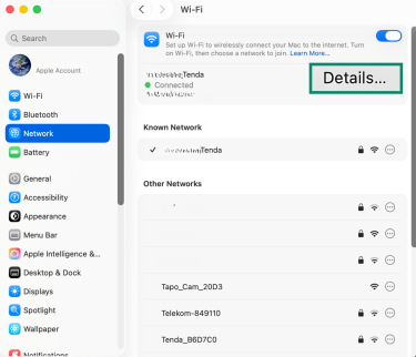 The "Network" menu on a Mac, showing Wi-Fi settings, with a highlighted "Details..." option next to the active Wi-Fi network.