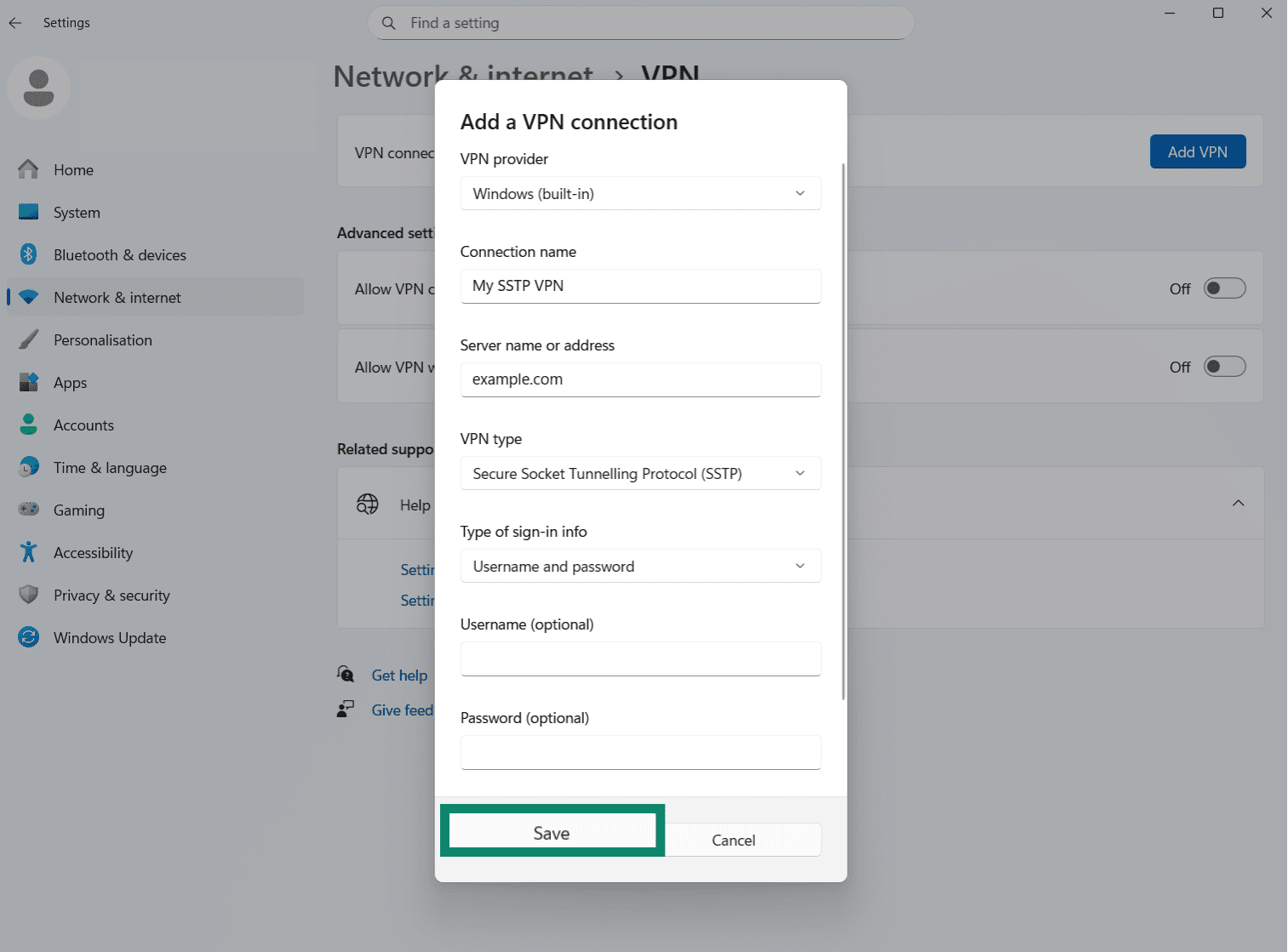 A screenshot of the Windows VPN settings setup screen, showing where the user can enter the connection name, type, and sign in details.