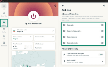 The Add-ons tab in ExpressVPN's Windows app, showing the Advanced Protection options untoggled.