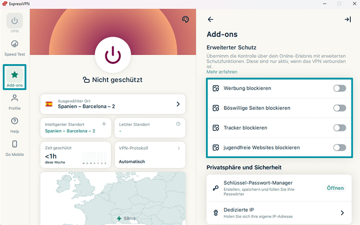 The Add-ons tab in ExpressVPN's Windows app, showing the Advanced Protection options untoggled.