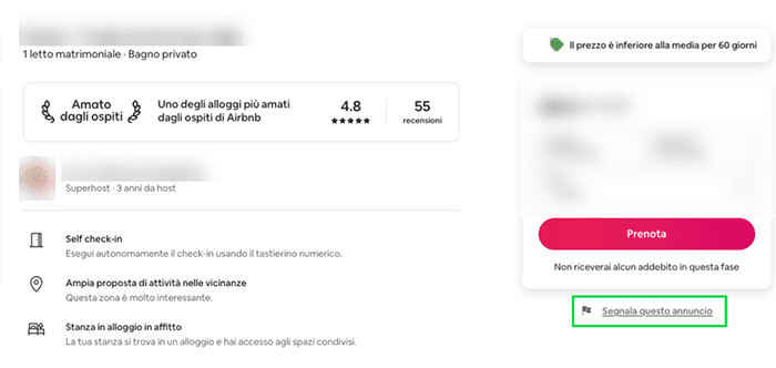 Airbnb listing page showing how to report this listing.