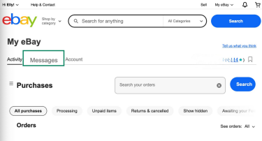 eBay "My eBay" page showing the Messages tab