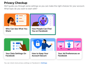 Facebook Privacy Checkup page, with "How can people find you on Facebook" option highlighted.