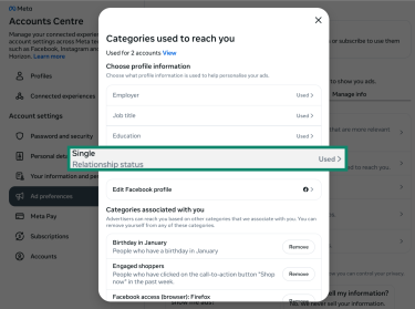 A screenshot of the Categories used to reach you page in the Facebook ad preferences panel.