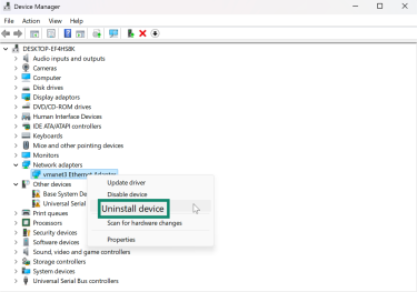 Uninstall Ethernet adapter driver in Windows.
