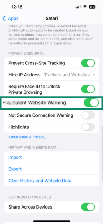 Screenshot showing Fradulent Website Warning in the Safari Privacy & Security menu