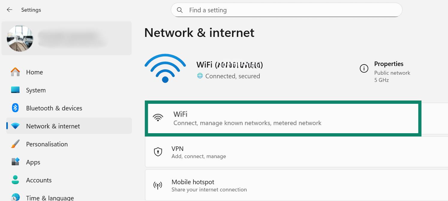 Find and click on your internet connection in Windows settings.