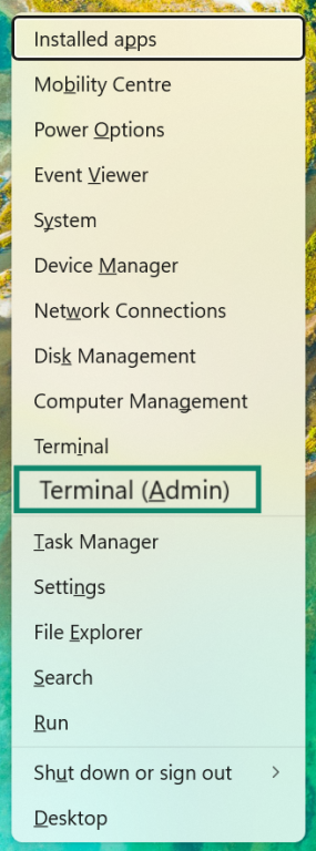 Power User menu (Win+X) with Terminal (Admin) highlighted.