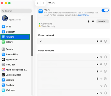 The Network option in System Settings, showing the Wi-Fi network and options.