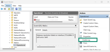 The Windows Event Viewer interface with the left sidebar showing the NlaSvc directory with Enable log selected.