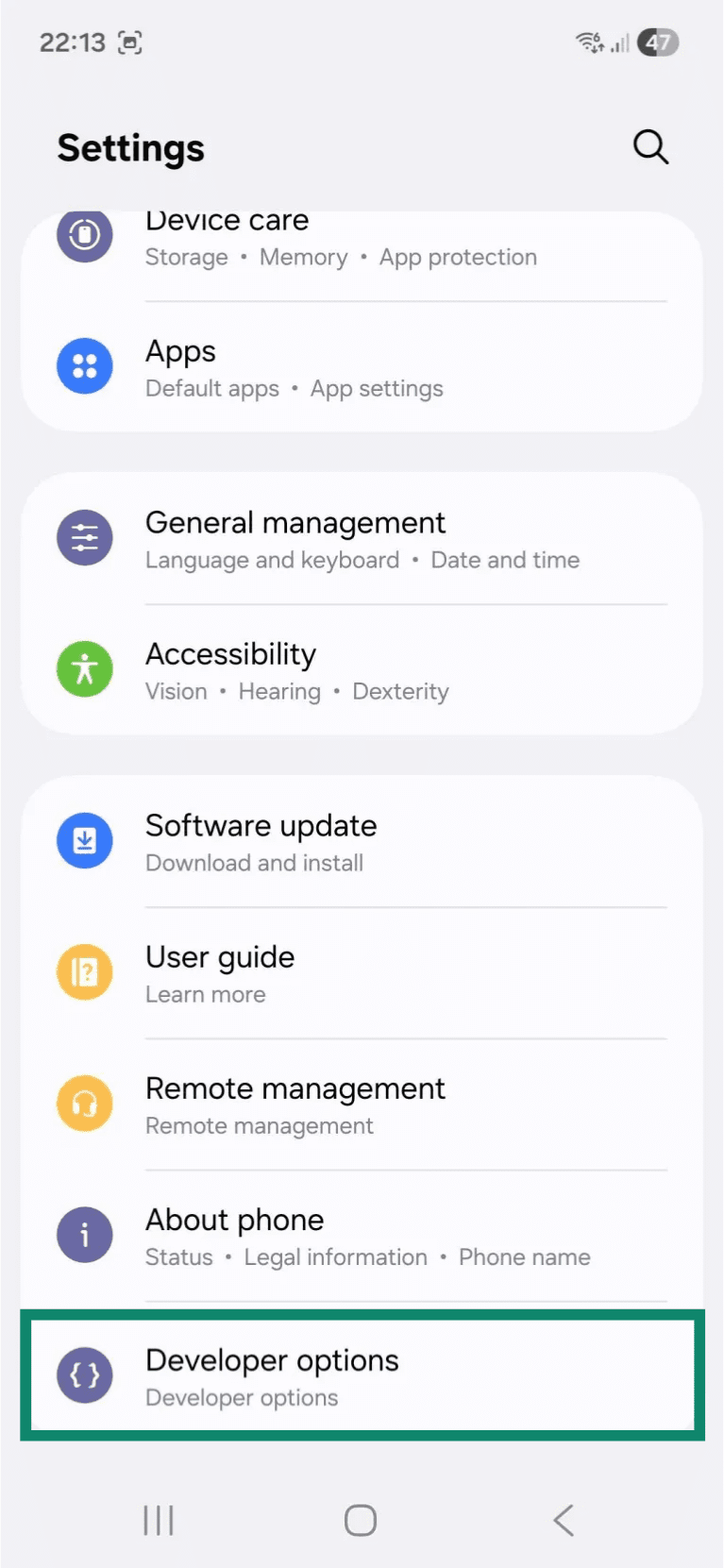 The "Settings" app on an Android phone. The "Developer options" tab is highlighted.