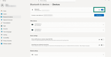 The "Bluetooth & devices" window in the Windows 11 "Settings" menu. The Bluetooth toggle button is set to the on position and is highlighted.