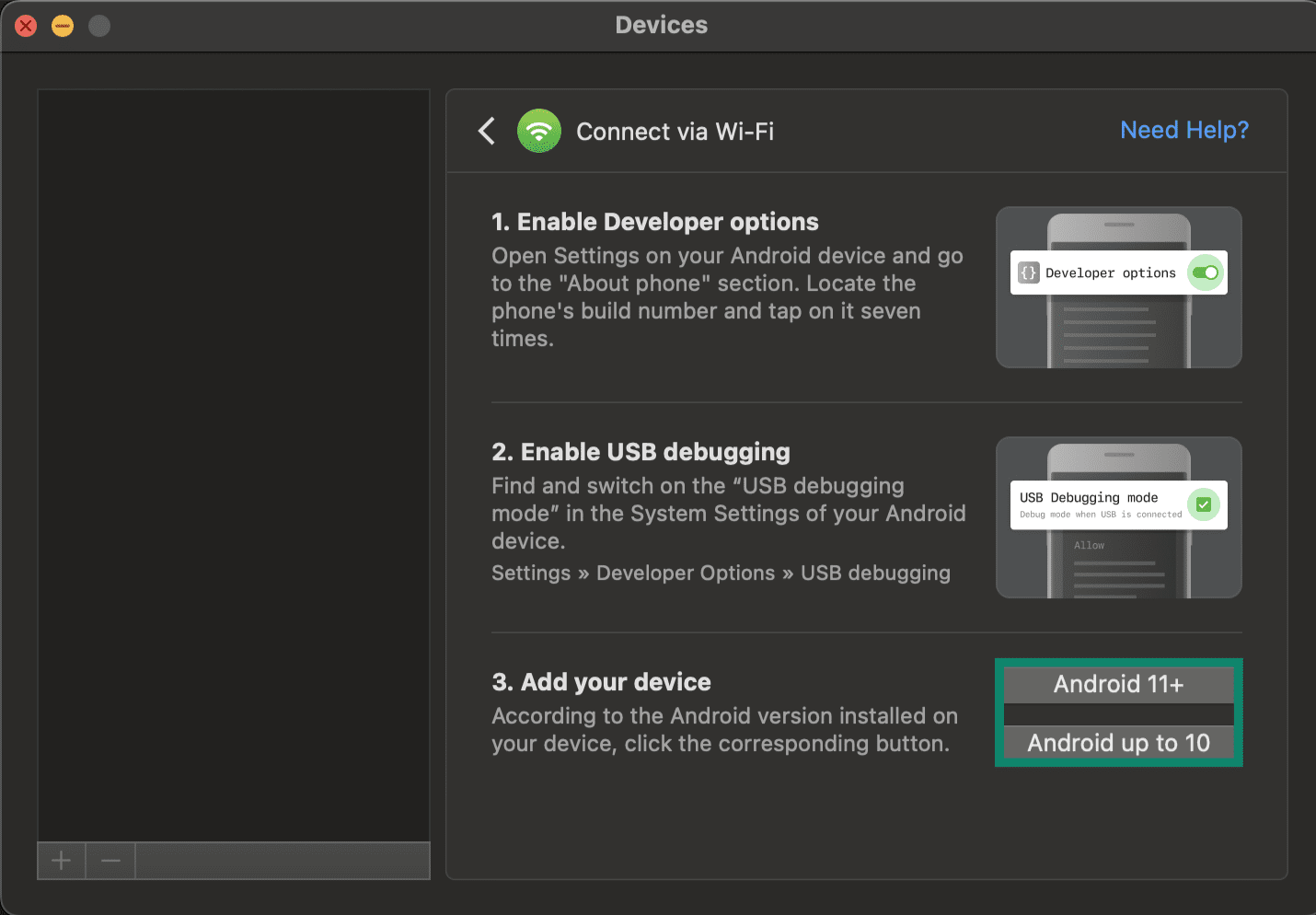 The "Connect via Wi-Fi" setup window on the MacDroid app on a Mac. The "Android 11+" and "Android up to 10" buttons are highlighted.