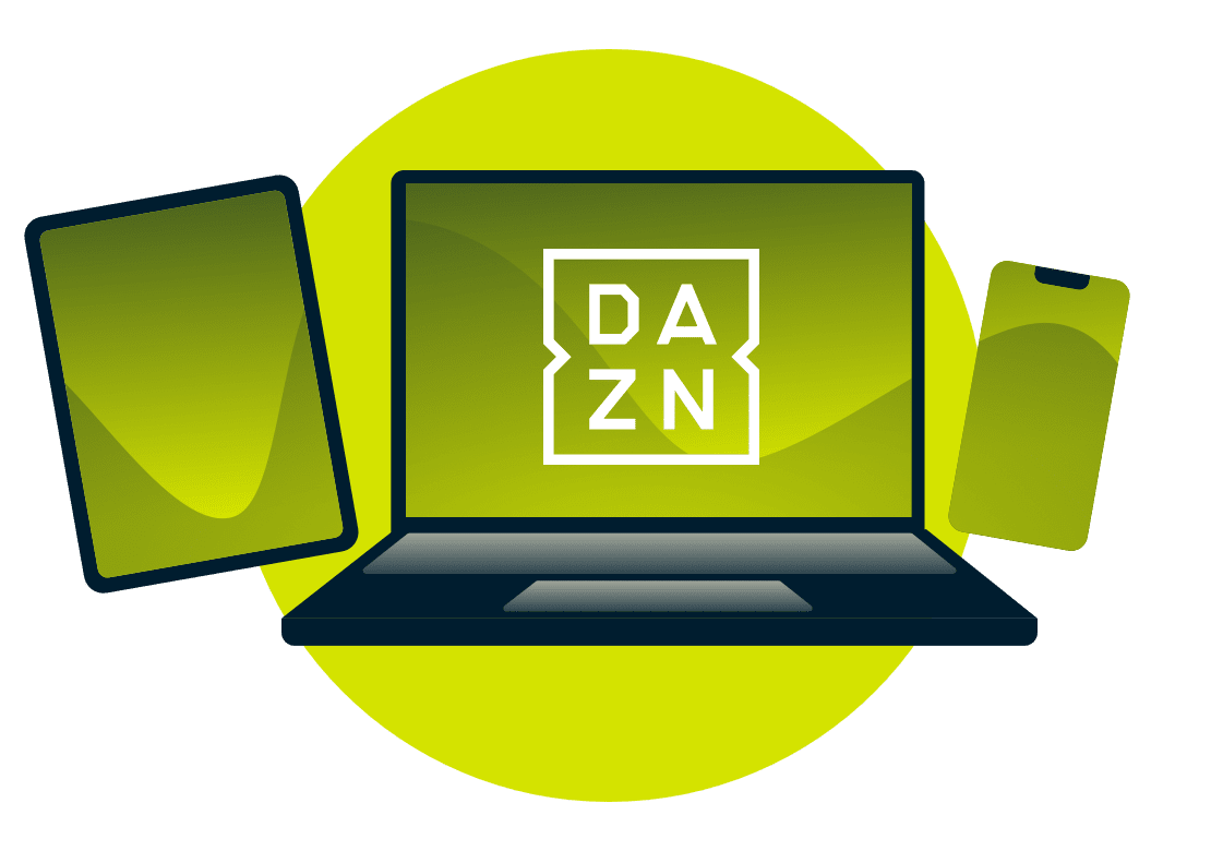 Un ordinateur portable, une tablette et un téléphone avec le logo DAZN.