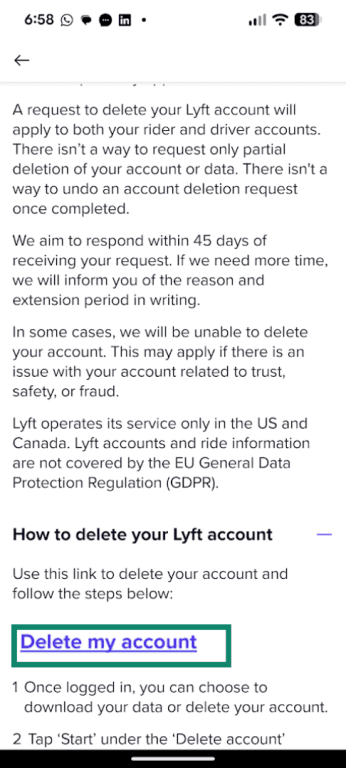 Lyft app delete my account button