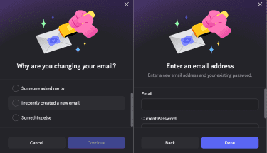 Discord asking a reason for the email change and setting up a new email page.