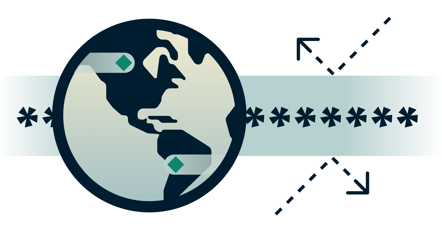 Globe avec tunnel crypté sur lequel rebondissent des flèches.
