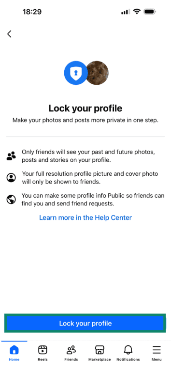 Facebook's Lock Profile feature explained in the mobile app with the "Lock Your Profile" button highlighted.
