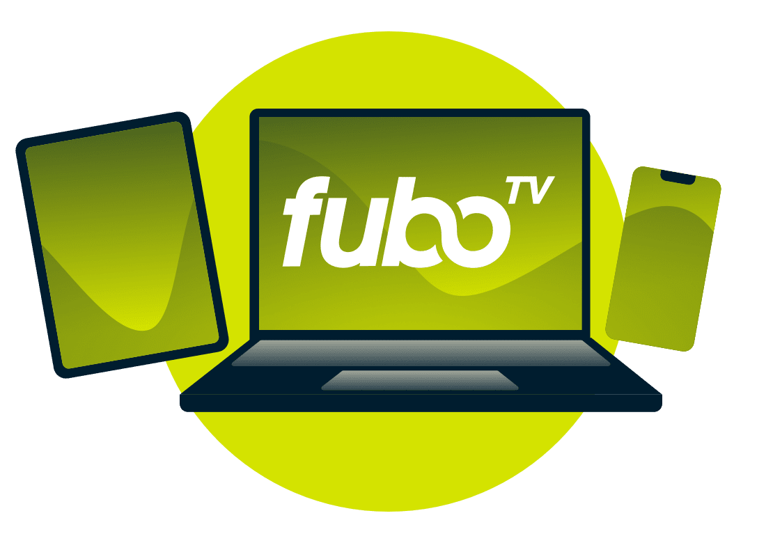 FuboTV logolu bir dizüstü bilgisayar, tablet ve telefon.