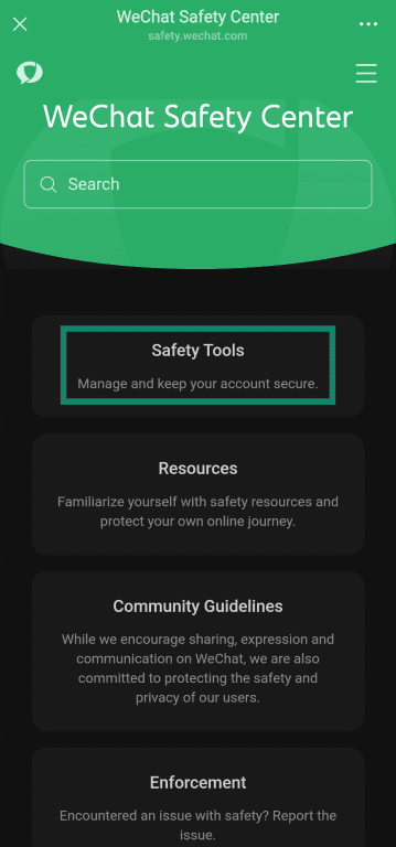 Accessing the Safety Tools from WeChat's Security Center.