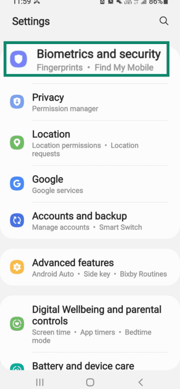 The Biometrics and security option highlighted with the Settings app.