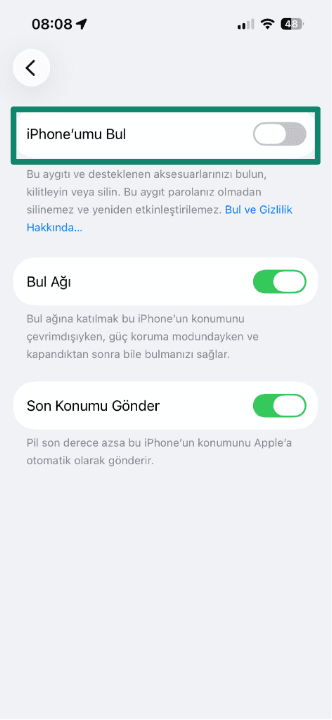 Find My iPhone settings screen showing the toggle switched off.