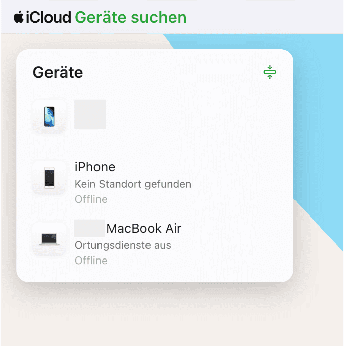 Find Devices screen showing a list of Apple devices linked to the account.