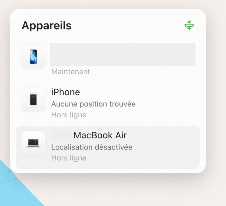Find Devices screen showing a list of Apple devices linked to the account.