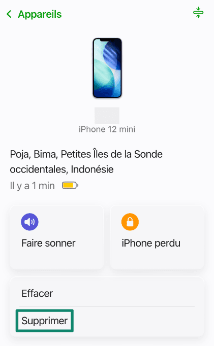 Device details page in Find Devices showing the Erase and Remove options.