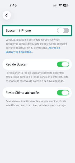 Screenshot showing Find My iPhone option