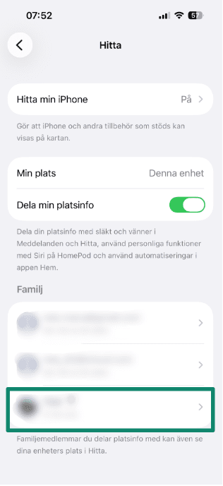 Find My settings page showing location sharing options.