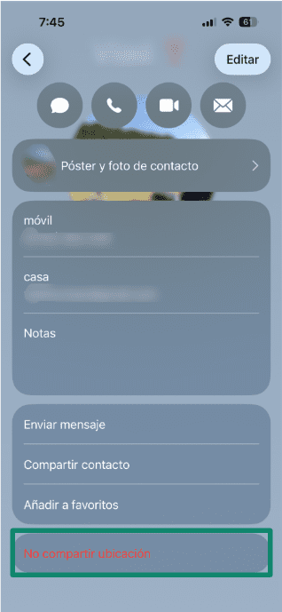 Contact screen with the Stop Sharing My Location option highlighted.