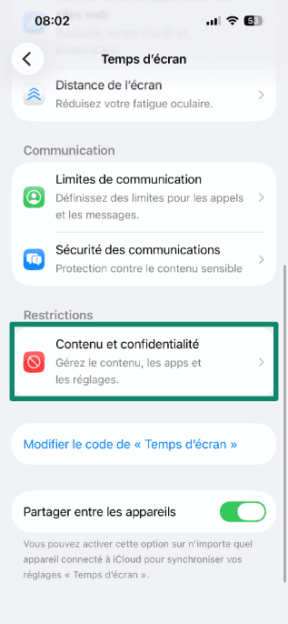 Screen Time menu with Content & Privacy Restrictions highlighted.