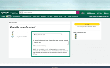 The Amazon return menu, with details about the return filled out.