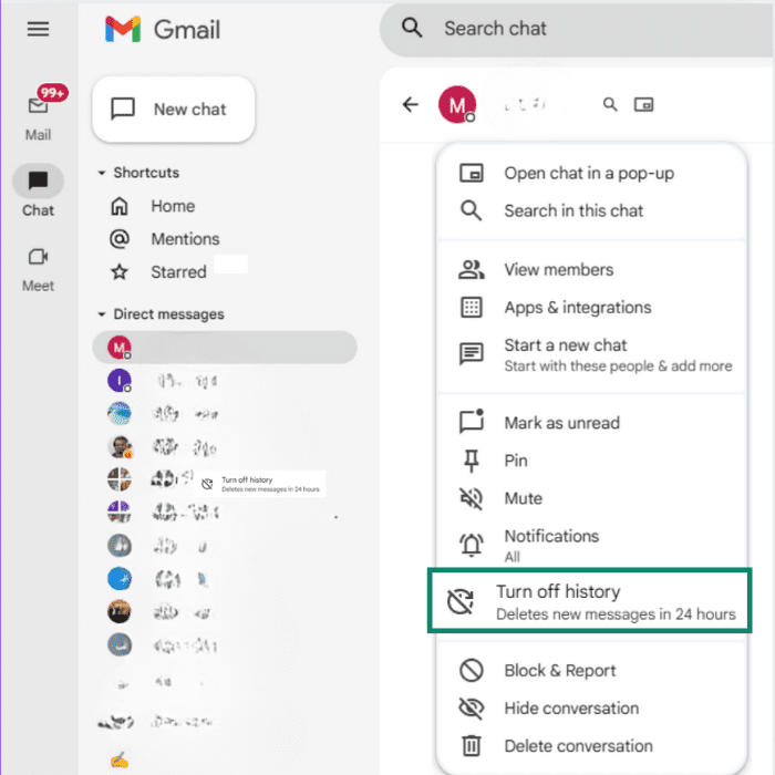 In the Google Chat window, the contact menu is open and the Turn off history option is highlighted.