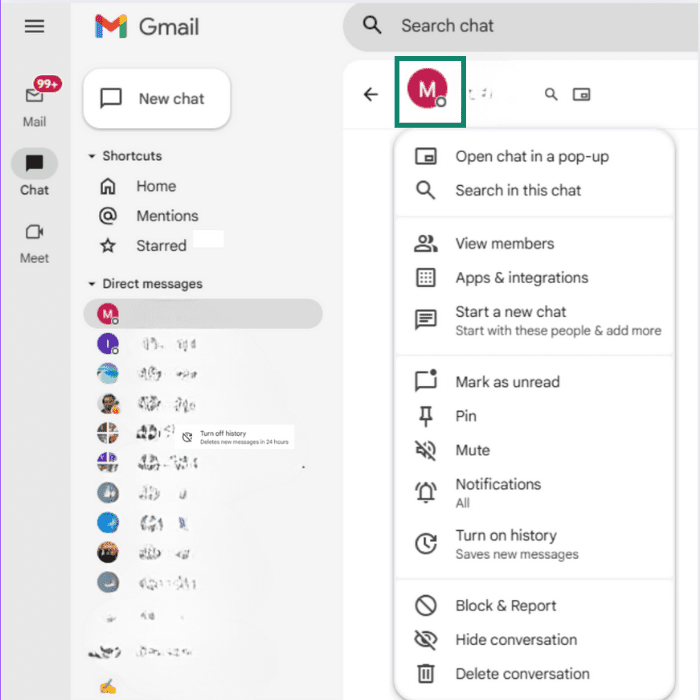 In the Google Chat window, the contact menu is open.