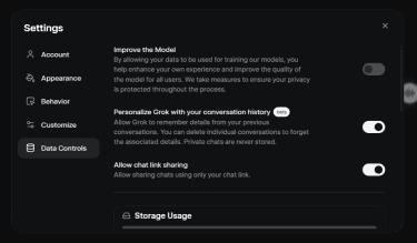 Grok Data Controls page with toggles for Memories, Improve the Model, and more