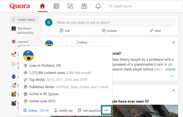 In the Quora user profile window, the 3-dot icon is highlighted, showing where to click to find the block button.