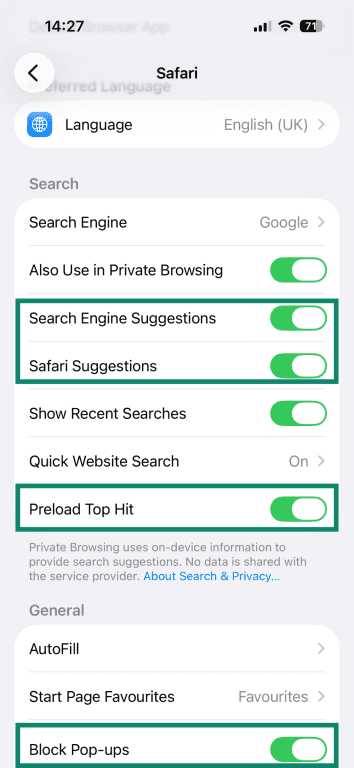 Safari's Search and General settings on iOS.