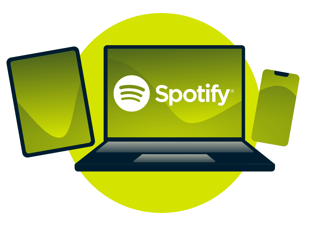 Spotify logolu bir dizüstü bilgisayar, tablet ve telefon.