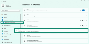 Windows Network and internet settings with Proxy option highlighted.