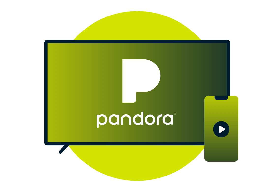 Televisiescherm met Pandora logo.