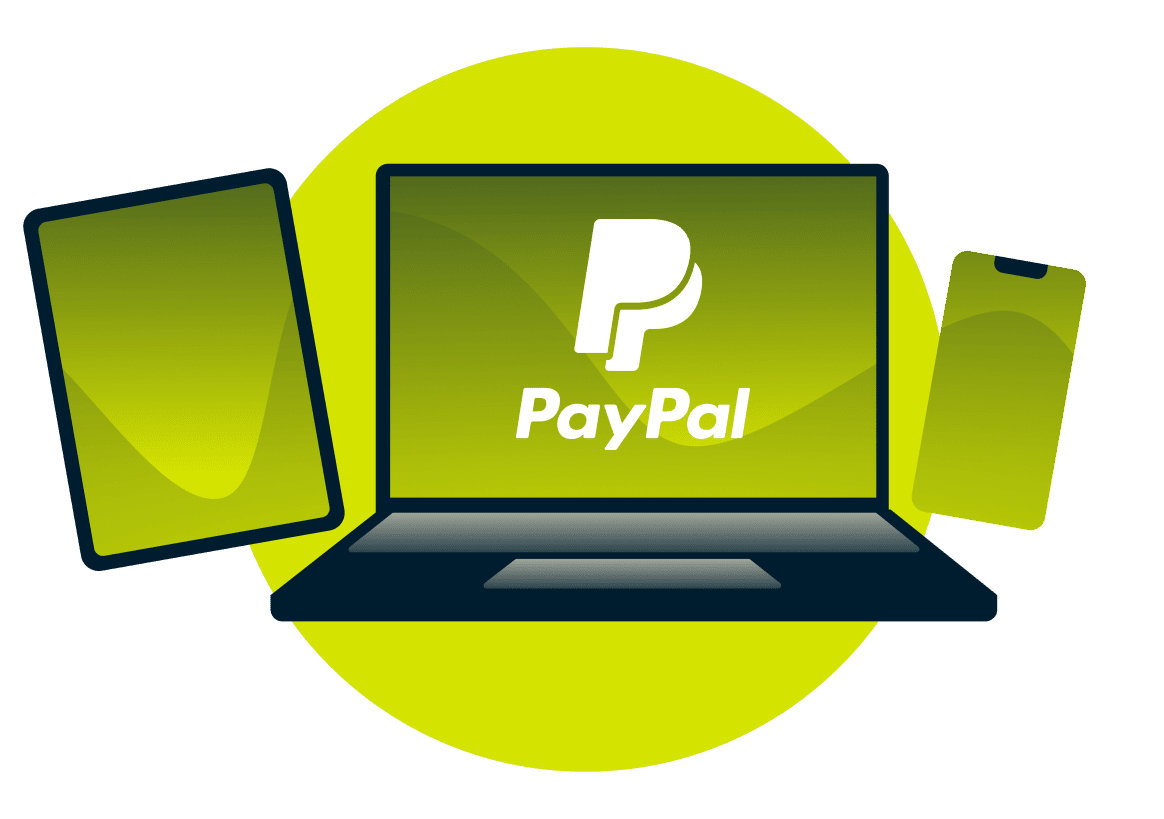 Un laptop, un tablet e un telefono, con il logo PayPal.